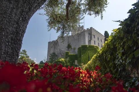 Gothic Duino castle on a cliff over the Gulf of Trieste Stock Photos