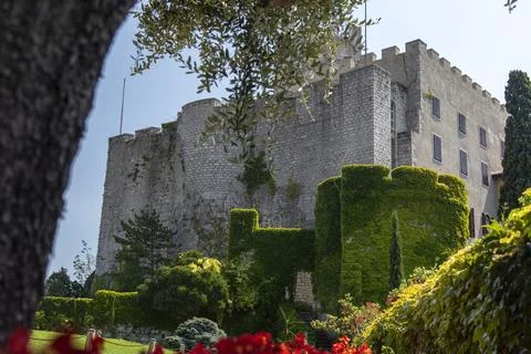Gothic Duino castle on a cliff over the Gulf of Trieste Stock Photos