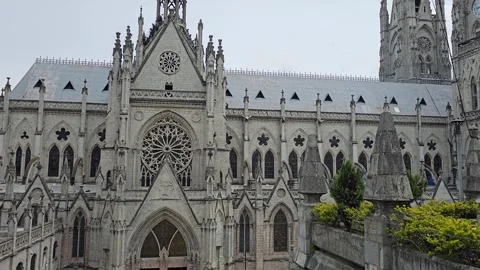 Gothic Facade and Rose Window from Elevated Viewpoint, Ecuador 8K Video stock 331486588