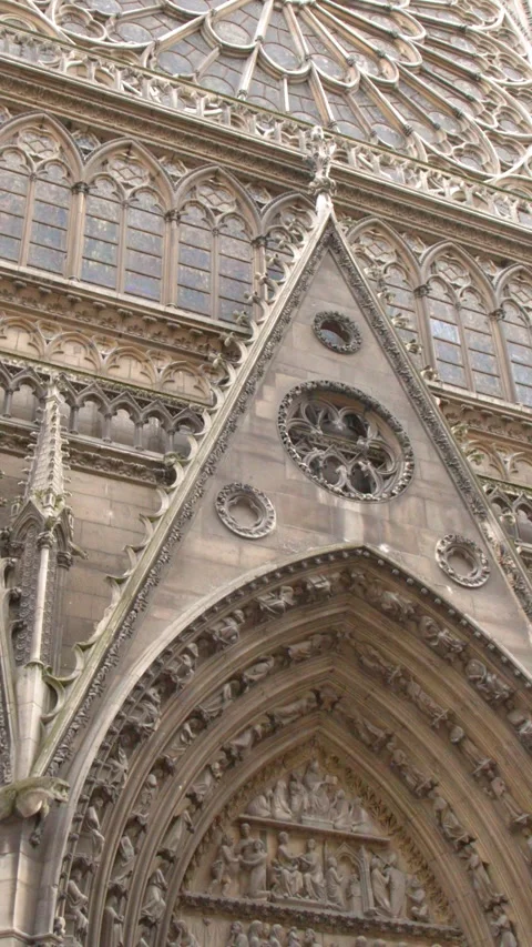 Gothic Facade and Rose Window of Notre Dame Cathedral in Paris Stock-Footage 344104761