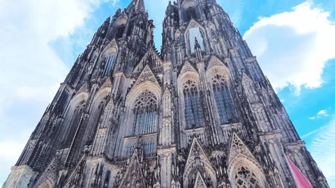 Gothic Facade of Cologne Cathedral Under Blue Sky Stock Footage 346037700