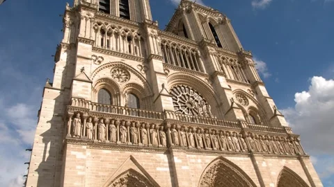 Gothic Facade of Notre Dame Cathedral in Paris France 스톡 동영상 344518699
