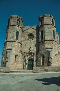 Gothic facade with steeples at the Guarda Cathedral Stock Photos