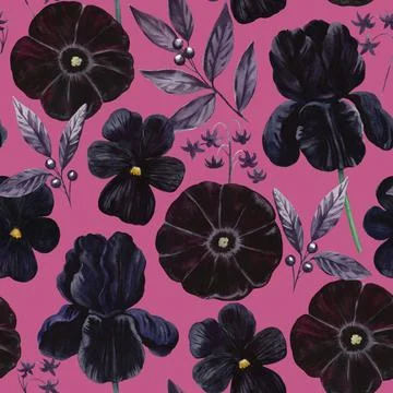 Gothic floral seamless pattern with watercolor black and purple velvet flow.. Illustrazione stock