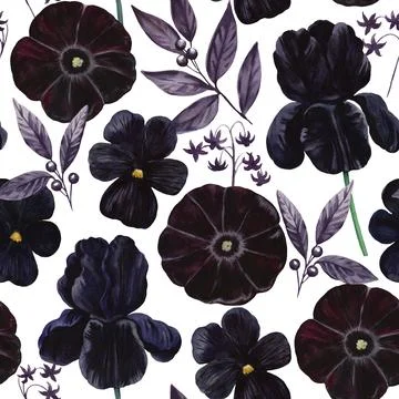 Gothic floral seamless pattern with watercolor black and purple velvet flow.. Illustrazione stock