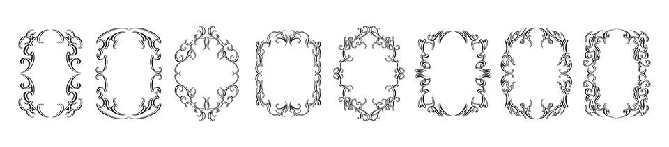 Gothic frame, hand drawn dark fantasy border set, ornamental symmetrical Stock Illustration
