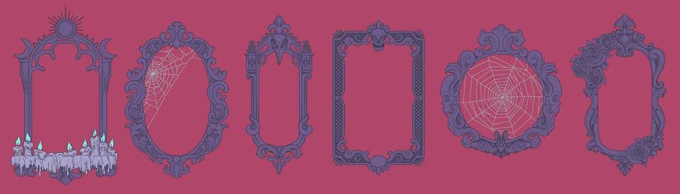 Gothic frame set. Spooky vintage border. Hand drawn branches, cobwebs and Illustrazione stock