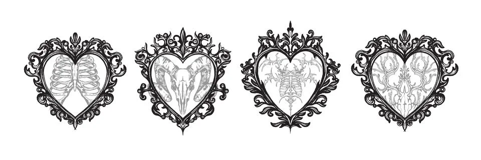 Gothic heart frame set, baroque border, vector vintage dark classic antique Stock Illustration