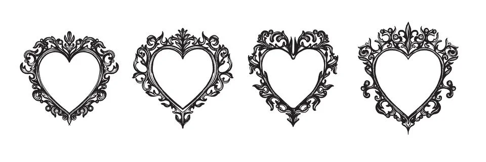Gothic heart frame set, vector vintage baroque border, dark classic antique Stock Illustration