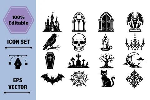 Gothic Horror Elements Icon Collection Featuring Spooky Symbols for Hallowe.. Stockillustratie