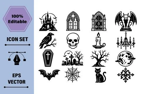 Gothic Horror Icon Set for Halloween Events Featuring Spooky Elements and S.. Иллюстрация