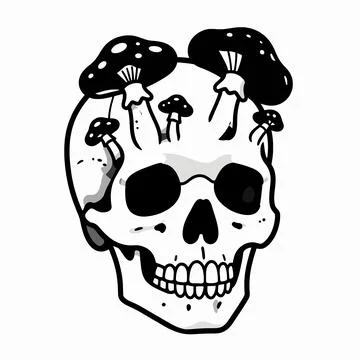 Gothic Macabre Single Human Skull with Wild Mushrooms Growing Out of Eye So.. Illustrazione stock