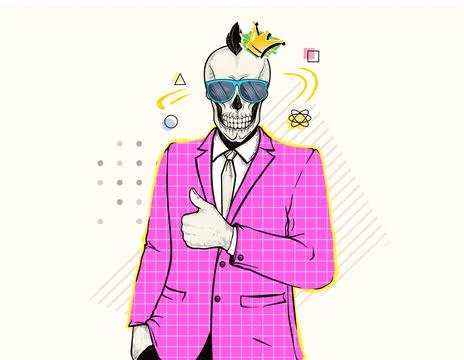 Gothic man with skull head in sunglasses, pink jacket show thumbs up Stock Illustration