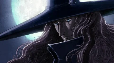 A Gothic man in a wide pointed hat on the background of a full moon, he is dr Stock-Illustration