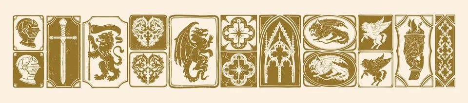 Gothic medieval heraldic print, vector hand drawn linocut fantasy royal Illustrazione stock