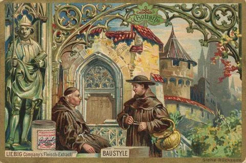 Gothic monks in front of a monastery digitally restored reproduction of a Stock Illustration