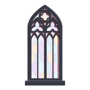 Gothic pointed arch window with leaded stained glass showing light colors Stock Illustration