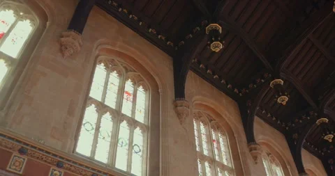Gothic Revival Ceiling and Windows in Oxford's Christ Church Dining Hall Stock Footage 336473389