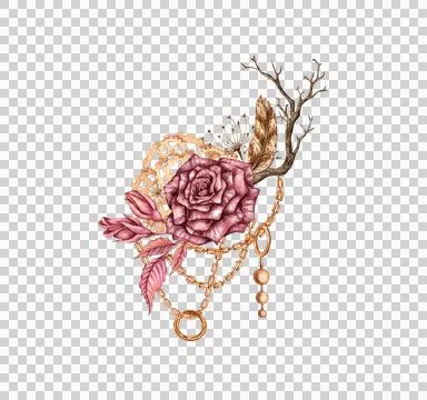 Gothic rose with chains gears branch and feather in watercolor Illustrazione stock