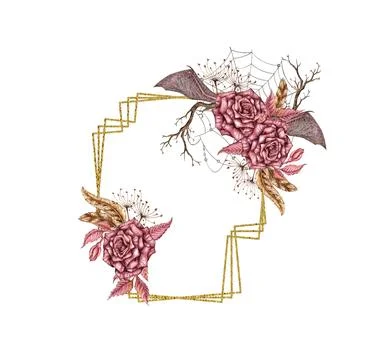 Gothic roses and bat wings frame cross watercolor Stock Illustration