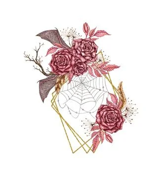 Gothic roses and bat wings frame rhombus watercolor Illustrazione stock