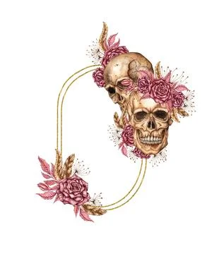Gothic roses and skulls frame oval watercolor Stock Illustration