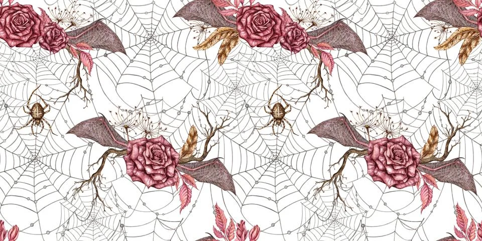 Gothic roses bat wings cobweb seamless pattern watercolor Stock Illustration