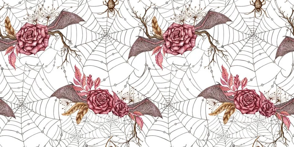 Gothic roses bat wings web pattern watercolor Stock Illustration