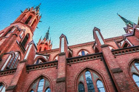 Gothic sacral architecture in Bialystok image with oil painting effect 스톡 사진