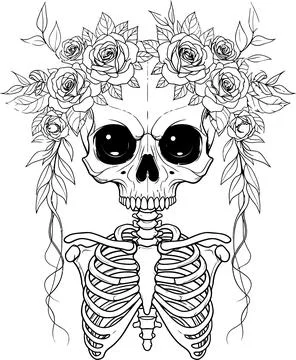 Gothic Skeleton adorned with Rose Floral Wreath, Dark Art Illustration Stock Illustration