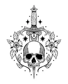 Gothic Skull with Dagger Flowers and Stars Tattoo Art Stock Illustration