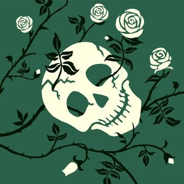 Gothic skull or cranium and rose dark background. Floral illustration Stock Illustration