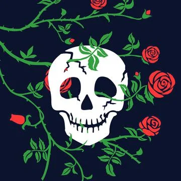Gothic skull or cranium and rose on dark background. Floral black illustration Stock Illustration