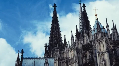 Gothic Spires of Cologne Cathedral Beneath Blue Sky Stock Footage 345651657