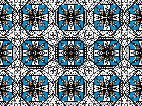 Gothic stained glass seamless pattern with blue and orange geometric shapes. Stock-Illustration