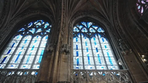 Gothic Stained Glass Windows Inside Historic Cathedral in Lyon France Stock Footage 334385143