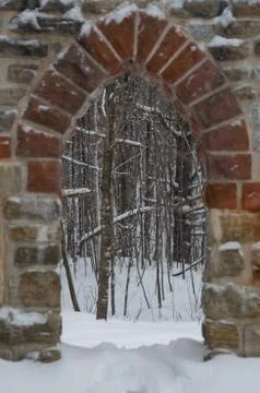 Gothic stone door way with Maple trees in winter Stock Photos