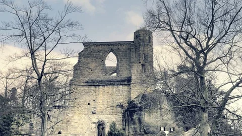 Gothic stone window with arched arch. Gothic cathedral without roof. Видео 88353158