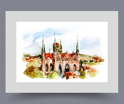 Gothic style building among trees in city of Gdansk in Poland on wall art Ilustración de archivo