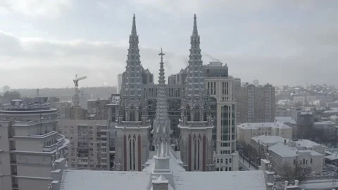 Gothic style cathedral in the winter. Saint Nicolas church in Kyiv, Ukraine. Video stock 171476128