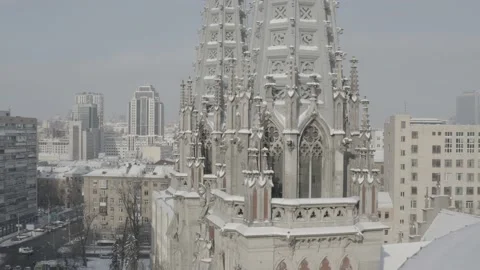 Gothic style cathedral in the winter. Saint Nicolas church in Kyiv, Ukraine. Video stock 171476378