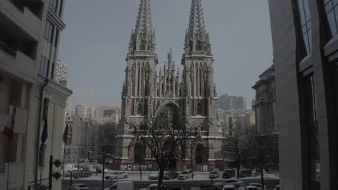 Gothic style cathedral in the winter. Saint Nicolas church in Kyiv, Ukraine. Video stock 171476383