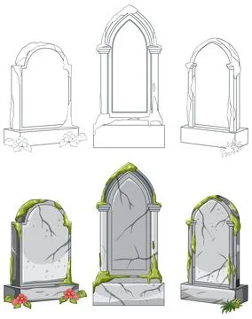 Gothic Tombstone Vector Set with Moss and Flowers Stock Illustration