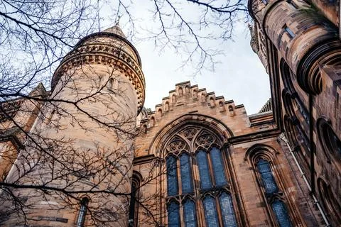 Gothic Tower and Arched Windows at University of Glasgow Stock Photos