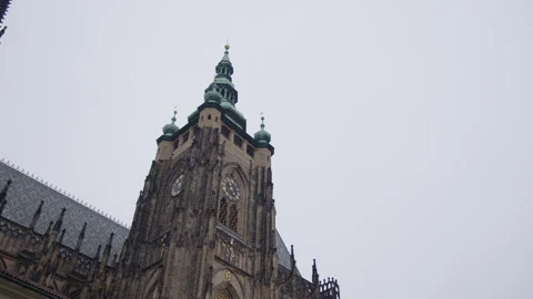 Gothic Tower, Clock Face, Green Copper Cupola, Slate Roof Stock Footage 343039244