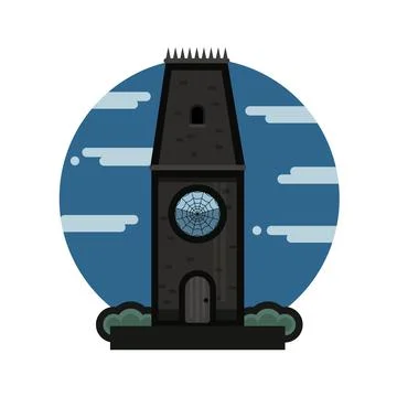 Gothic tower flat icon. Dark building with a big window Stock Illustration