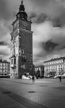 Gothic Town Hall Tower, Main Market Square, Kraków, Poland, wide angle Stock Photos