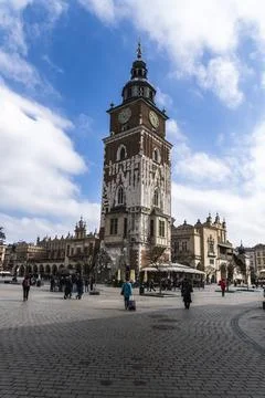 Gothic Town Hall Tower on Main Market Square, Kraków Old Town, wide angle Stock Photos