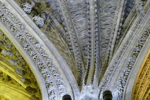 Gothic vaulted ceiling of the Mosque  Cathedral of Sevilla Stock Photos