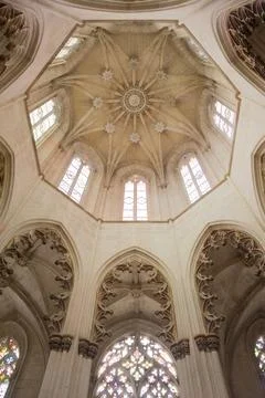 Gothic Vaulted Ceiling with Stained Glass Stock Photos